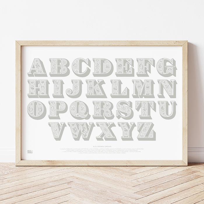 'A-Z of Animal Groups' Alphabet Art Print in Putty