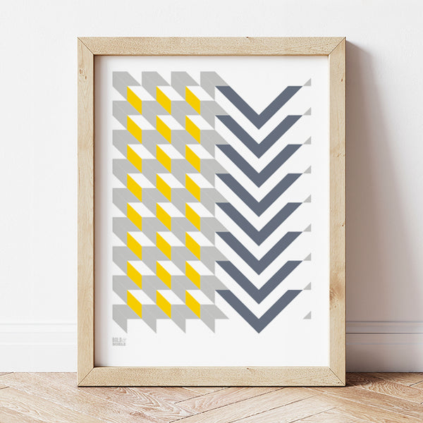 Geometric 'Chevron' Art Print in Yellow/Grey