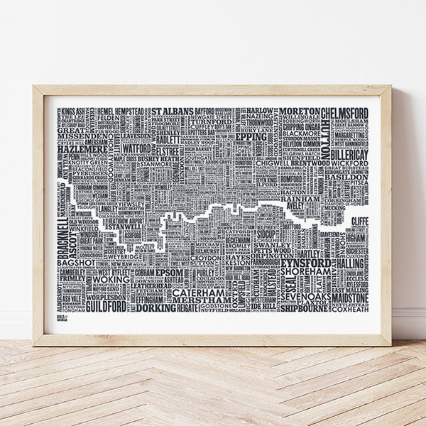 'London and Beyond' Type Map Print in Sheer Slate