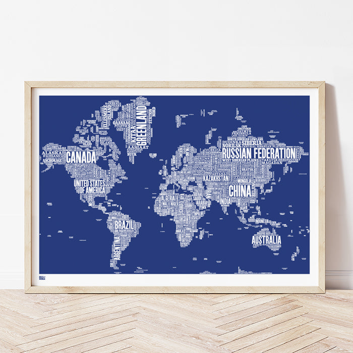 'World' Type Map Print in Reflex Blue