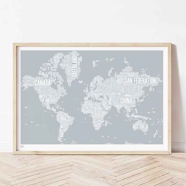 'World' Type Map Print in Warm Grey