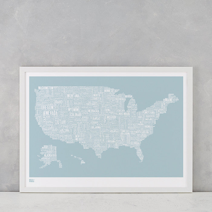 'USA' Type Map Print in Duck Egg Blue – Bold & Noble